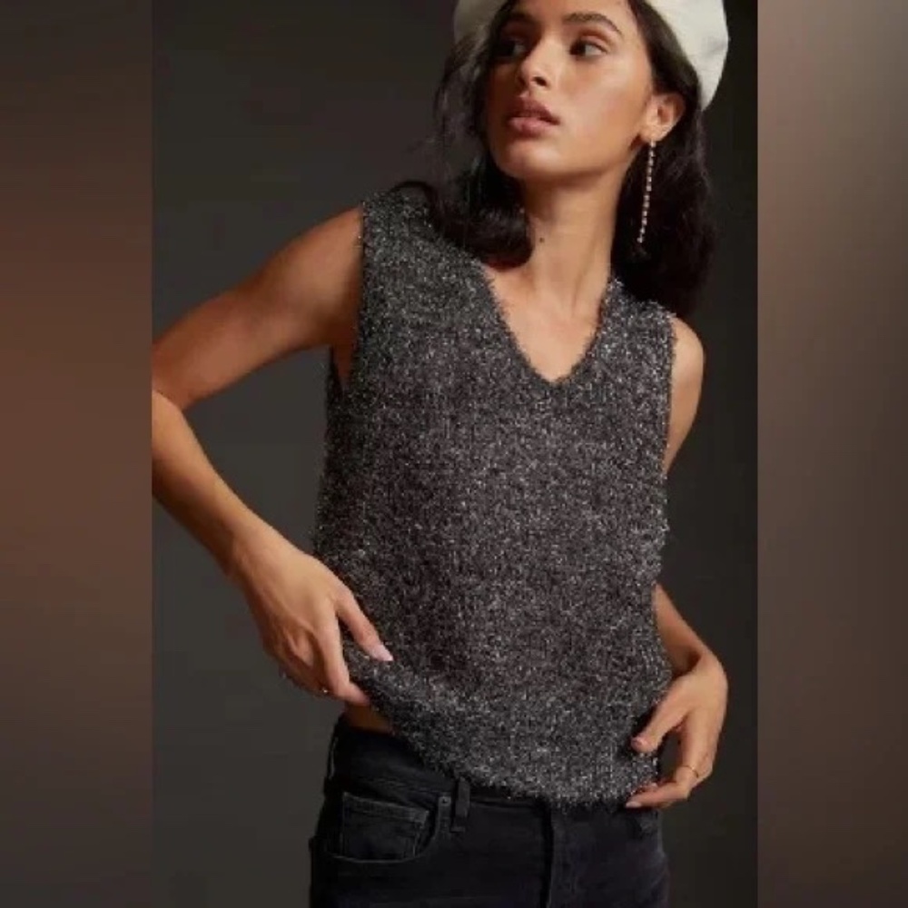 NWT Anthropologie Black Silver Shimmer Sleeveless Sweater Vest Sz S